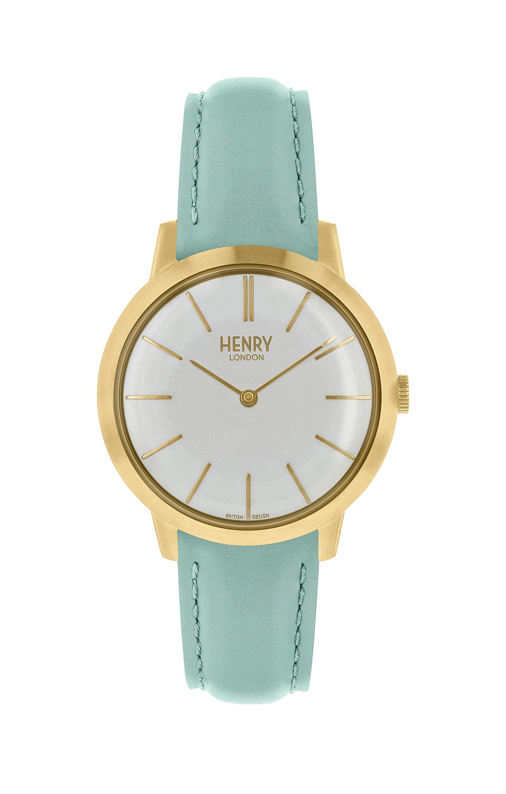 Bisel dorado, esfera blanca y pulsera de piel,de Henry London.