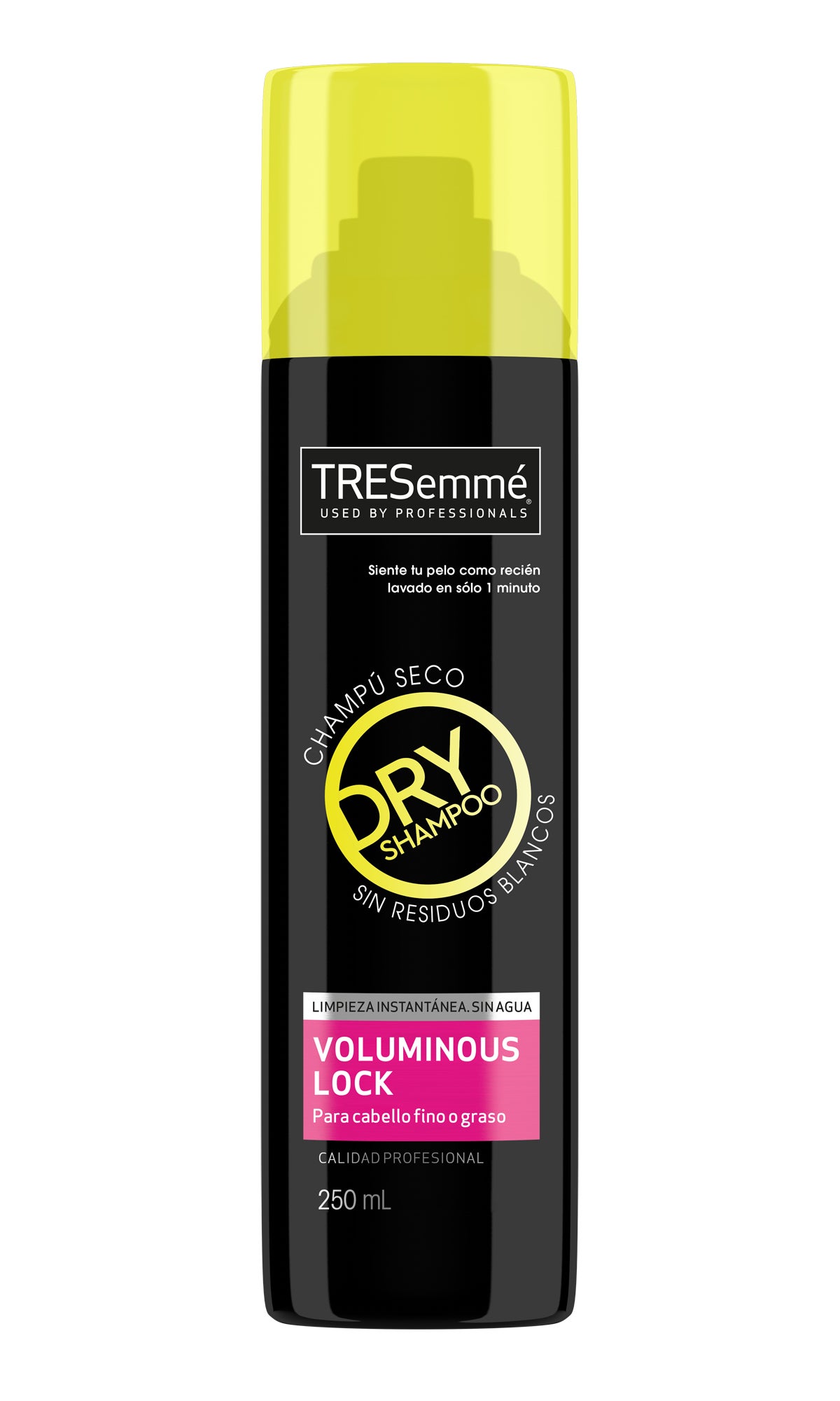 Champú en seco Voluminous Lock de TRESemmé. Su fórmula fina y ligera limpia y revitaliza el cabello, eliminando su olor para un pelo limpio. (5,19€)