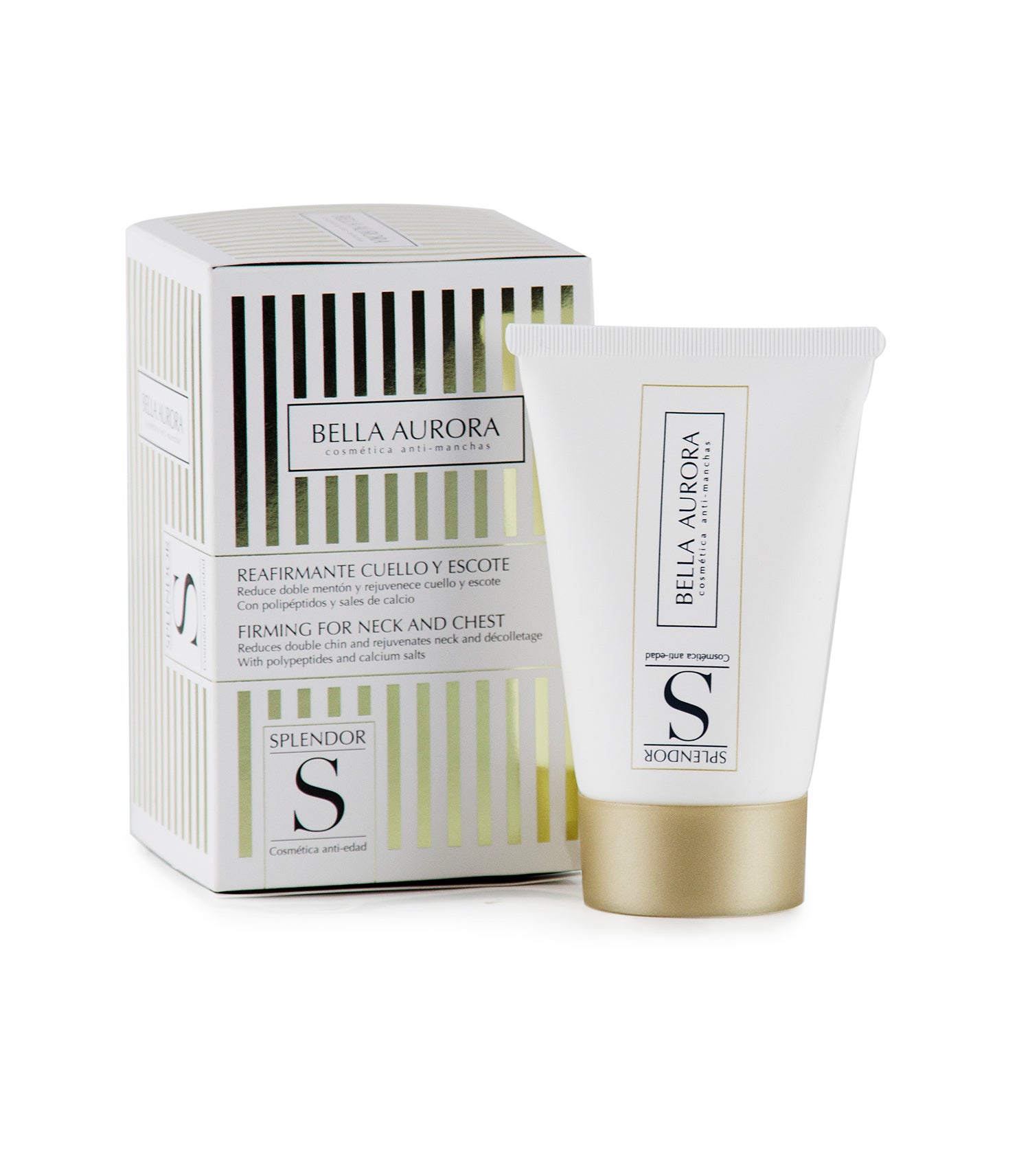 Crema reafirmante de cuello y escote Splendor de Bella Aurora. Con péptidos de última generación y sales de calcio, consigue una piel más tersa y elástica. (16,90€)