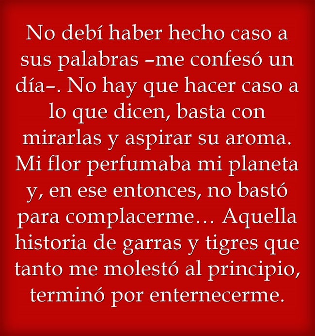 No debí haber hecho caso a sus palabras –me confesó un día–. No hay que hacer caso a lo que dicen, basta con mirarlas y aspirar su aroma. Mi flor perfumaba mi planeta y, en ese entonces, no bastó para complacerme… Aquella historia de garras y tigres que tanto me molestó al principio, terminó por enternecerme