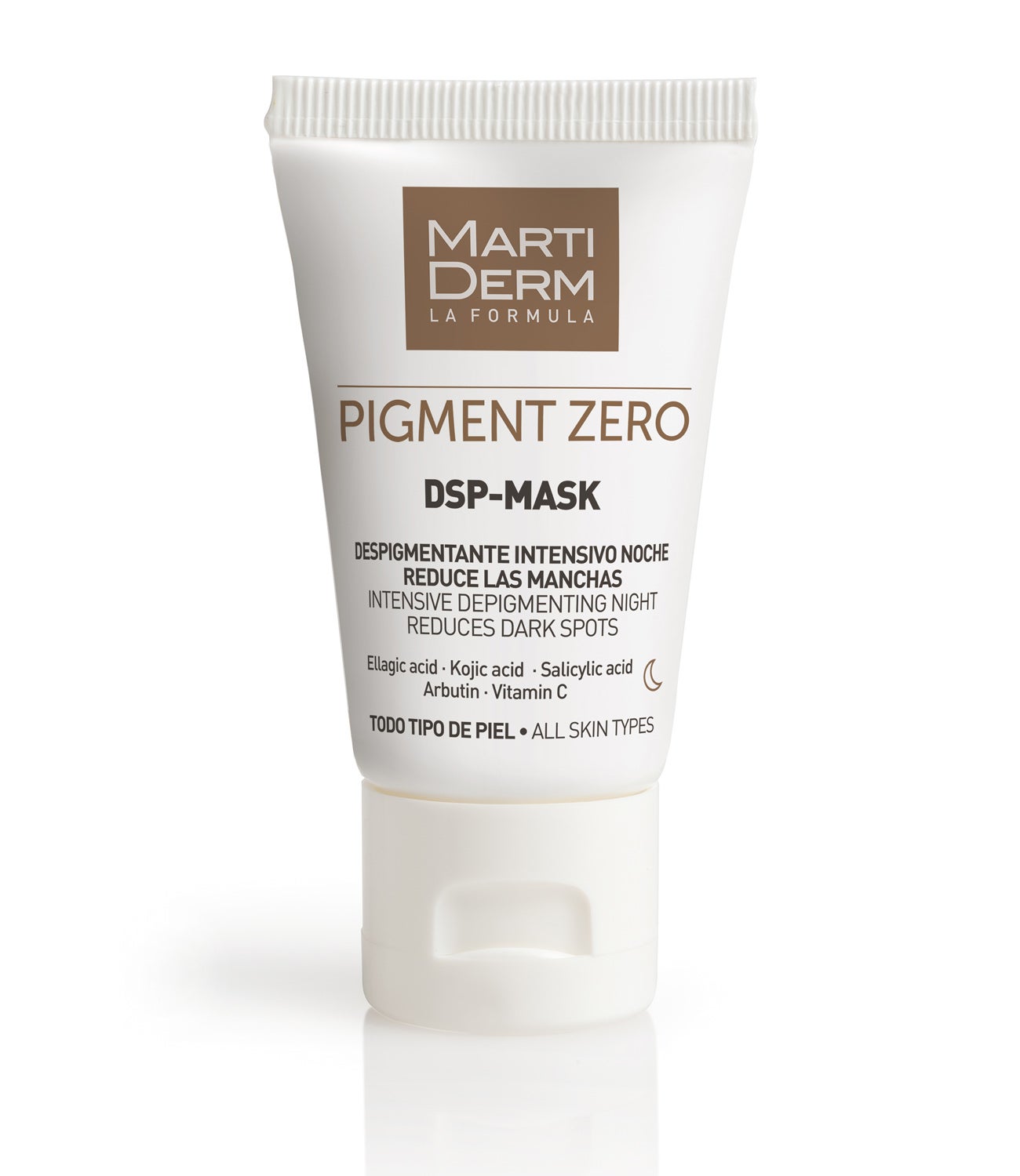 Si tu piel tiende a pigmentarse, estás embarazada (momento en el que la piel es más sensible y propensa a las manchas) o superas los 40 (a partir de esa edad las manchas en la piel son más habituales), te aconsejamos usar  cremas anti-manchas . Se trata de fórmulas que ayudan a prevenir la aparición de nuevas manchas y a combatir las ya existentes. Vitaminas C y E, retinol, ácido kójico, ácido glicólico, resveratrol… son algunos de los ingredientes que funcionan para combatir las manchas. En la imagen, Tratamiento Intensivo de Noche DSP-Mask de la línea Pigment Zero de MartiDerm (43,30€).