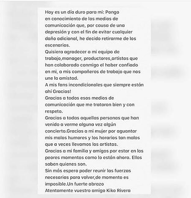 Este es el comunicado que ha colgado Kiko Rivera.