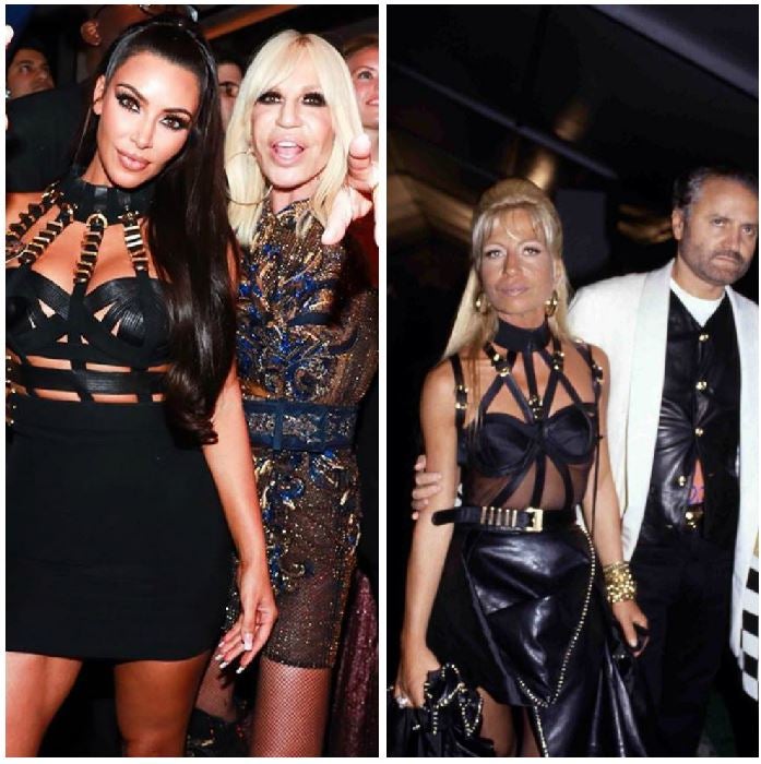 Kim, Donatella y el sadomaso . La jefa de Versace tiene una relación estrecha con las Kardashian y estas la adoran. El vestido de inspiración BDSM que eligió Kim para las fiestas post Met Gala es un tributo total a otro que llevó Donatella en 1992.