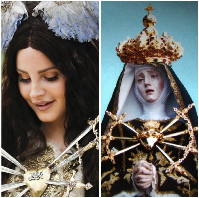 Lana del Rey y una Virgen Dolorosa. Se llama Nuestra Señora de los Siete Dolores y lleva exactamente el mismo corazón traspasado por flechas que la cantante y musa de Gucci.