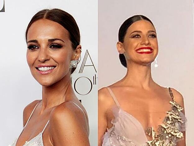 El maquillaje y peinado con moño pulido bajo de Paula Echevarría y Ares Teixidó es prácticamente idéntido.