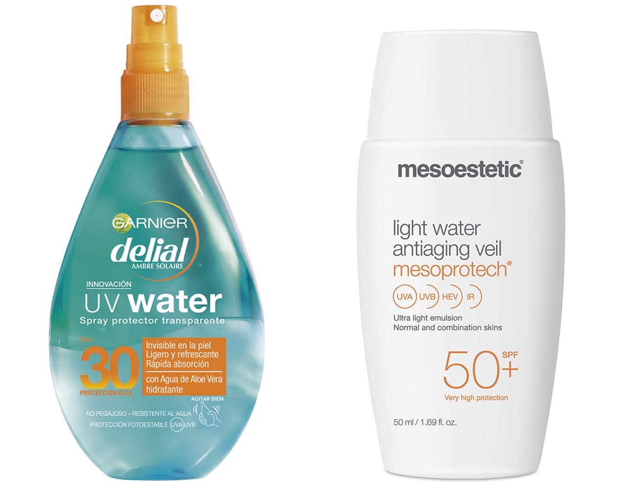 Inspirados en las esencias asiáticas, aportan la misma sensación de ligereza absoluta sin bajar el nivel de SPF y con una transparencia que es muy de agradecer. En sus fórmulas también hay algo de aceite, pero el acabado satinado sobre la piel te va a recordar muchísimo a la combinación de iluminadores con la que andas jugando últimamente. Delial UV Water SPF30 de Garnier (13,50 €) / Light Water Antiaging Veil SPF50+ de Mesoestetic (c.p.v.)