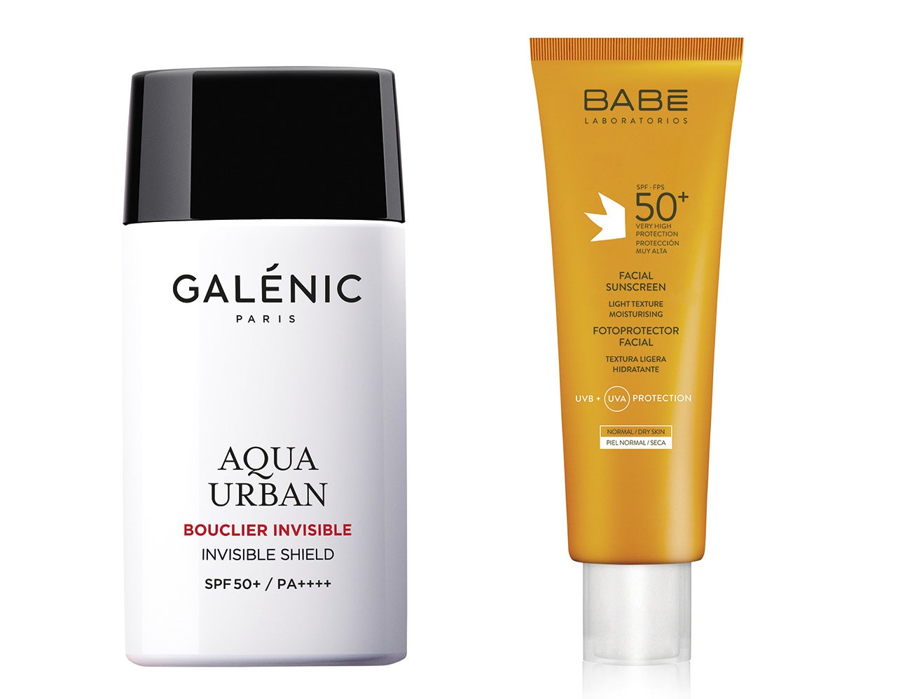 Pensados para las más exigentes (somos muchas) que quieren olvidarse completamente de que llevan puesto el fotoprotector. Estas fórmulas se absorben en segundos y no dejan ni rastro de sensación pegajosa. Aqua Urban Escudo Invisible SPF50 de Galénic (44,80€) / Facial Sunscreen Light Texture Moisturizing SPF50 de Laboratorios Babé (21,50€)