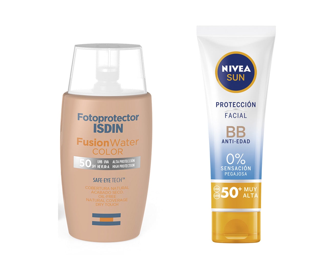 Para sustituir al maquillaje (el de Sisley tiene la misma tecnología que sus bases y fondos) en cuanto empieza el calor, pero con las seguridad de que además no va a a pasar la barrera ni un solo rayo UV dañino. Y si se suma a su fórmula un compromiso total de 0% sensación pegajosa, como hace Nivea, mejor que mejor. Fusion Water Color SPF50 de Isdin (19,95€) / Nivea Sun Facial BB Anti-edad SPF50 de Nivea (10,49€)