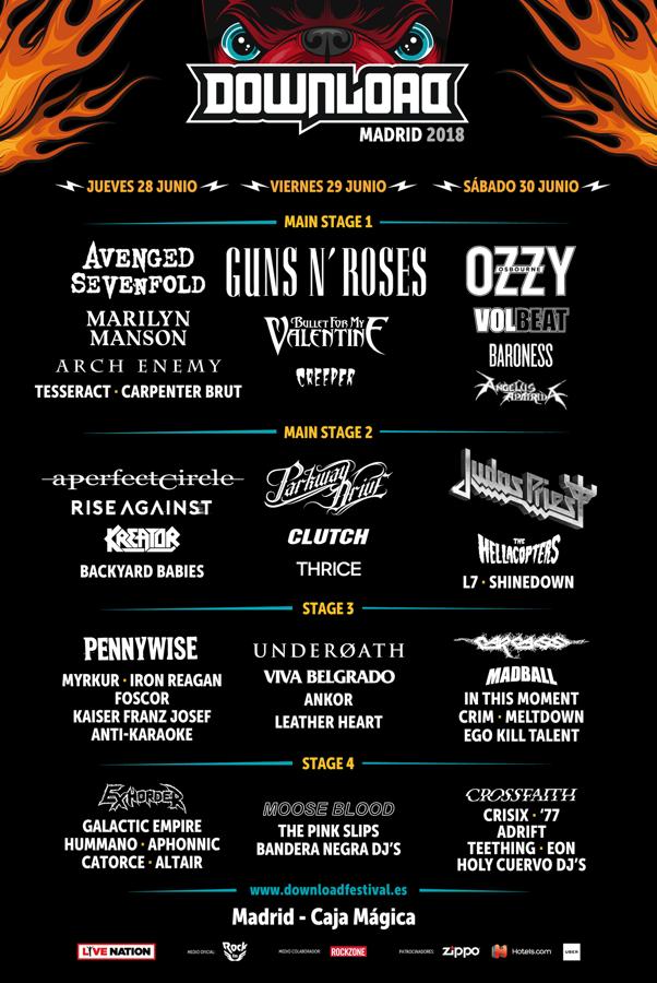 ¿Qué festival?  Download . ¿En qué fechas? Del  28 al 30 de junio . ¿Dónde? En  Madrid . ¿Qué grupos fueron los  cabeza de cartel ? Guns n' Roses, Ozzy, Avenged Sevenfold, Judas Priest, Marilyn Manson, A Perfect Circle, Rise Against, Bullet for My Valentine, Volbeat, Baroness.