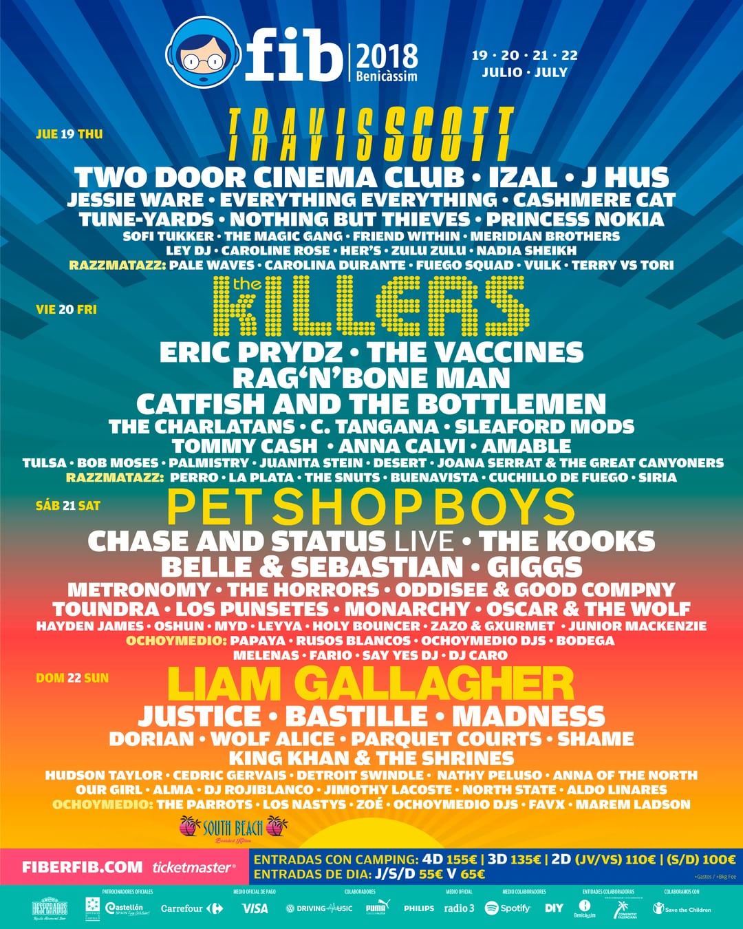 ¿Qué festival?  FIB, Festival Internacional de Benicàssim . ¿En qué fechas? Del  19 al 22 de julio . ¿Dónde? En  Benicàssim . ¿Qué grupos son los  cabeza de cartel ?Travis Scott, Two door cinema club e Izal (el jueves); The Killers, The Vaccines y Rag'n'Bone Man (el viernes); Pet Shop Boys, The Kooks y Belle&Sebastian (el sábado), y Liam Gallagher, Justice, Bastille y Madness (el domingo). ¿Qué necesitas saber? Aún quedan  entradas   y abonos, pero están volando...