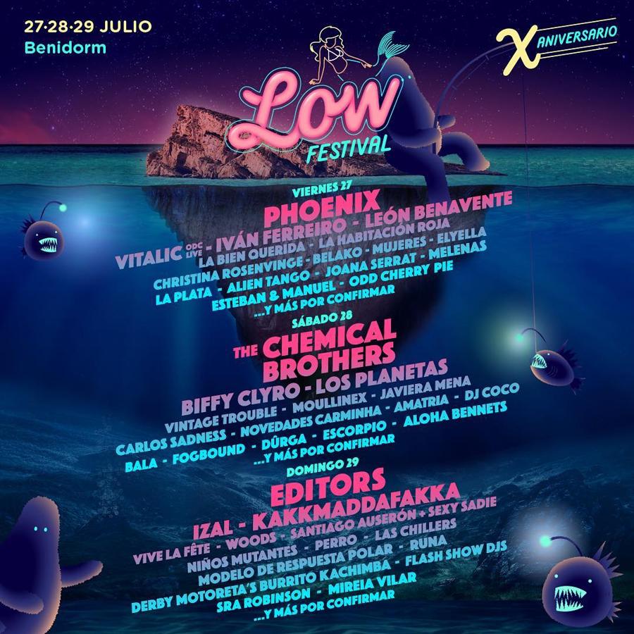 ¿Qué festival?  Low Festival . ¿En qué fechas? Del  27 al 29 de julio . ¿Dónde? En  Benidorm, Alicante . ¿Qué grupos son los  cabeza de cartel ? Phoenix, Iván Ferreiro, León Benavente, The Chemical Brothers, Los Planetas, Carlos Sadness, Editors, Izal o Niños Mutantes ¿Qué necesitas saber? El festival cumple 10 años y aunque aún quedan  abonos generales , los abonos VIP y VIP Pool ya están agotados.