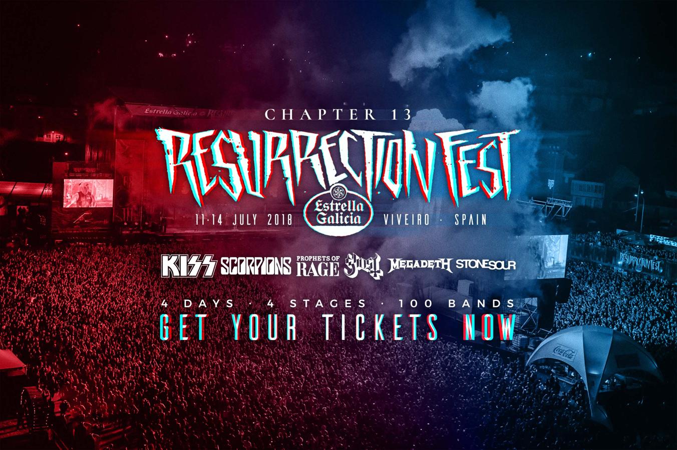 ¿Qué festival?  Resurrection Fest . ¿En qué fechas? Del  11 al 14 de julio . ¿Dónde? En  Vivero, Lugo . ¿Qué grupos son los  cabeza de cartel ? Kiss, Scorpions, Stone Sour, Prophets of Rage, Megadeth, Ghost, Sick of it All, Paradise Lost, Ministry, At The Gates, Anti-Flag, Overkill, Riot Propaganda y Zebrahead . ¿Qué necesitas saber? Las  entradas  ya están a la venta (y aún hay disponibles).