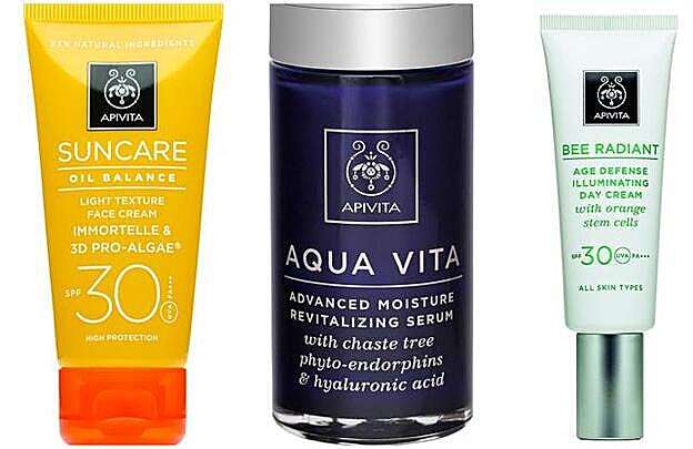 1. Suncare Crema Solar SPF30 (19,50 euros) 2. Aqua Vita Sérum Hidratación Avanzada (40 euros) 3. Bee Radiant Crema Iluminadora Defensa Antiedad (45 euros). Todo de Apivita.