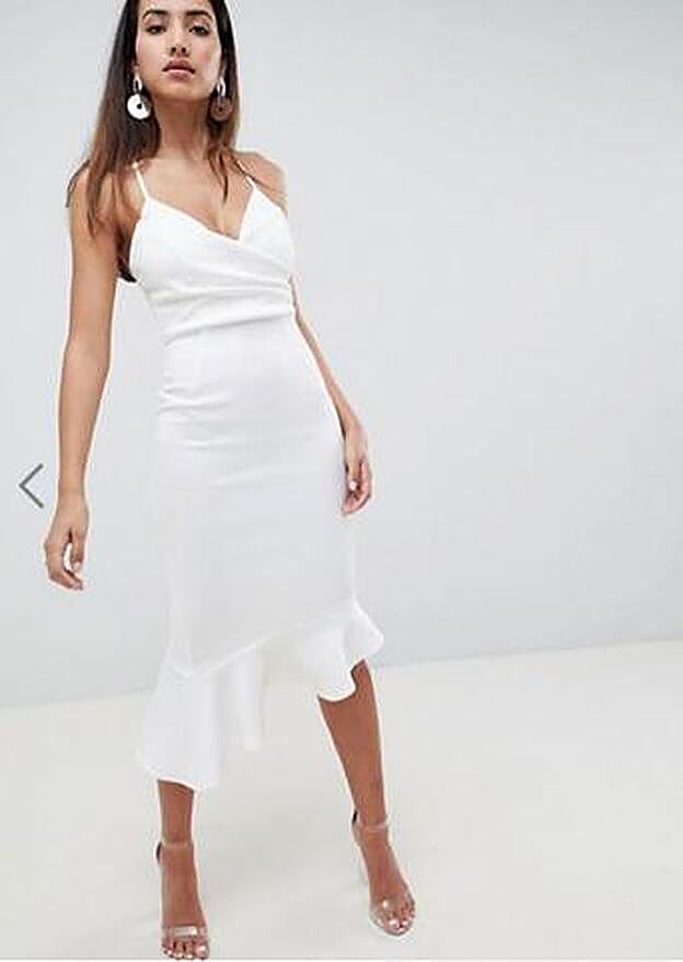 Vestido midi de tirantes con sobrefalda en el bajo en neopreno, 48,99 euros.