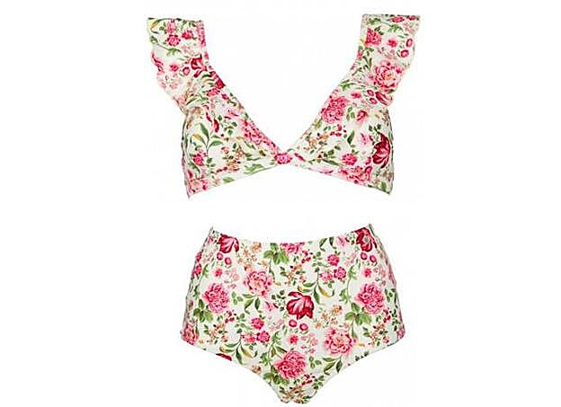 Braguita estilo vintage y bikini con volante de estampado floral, 73 euros.