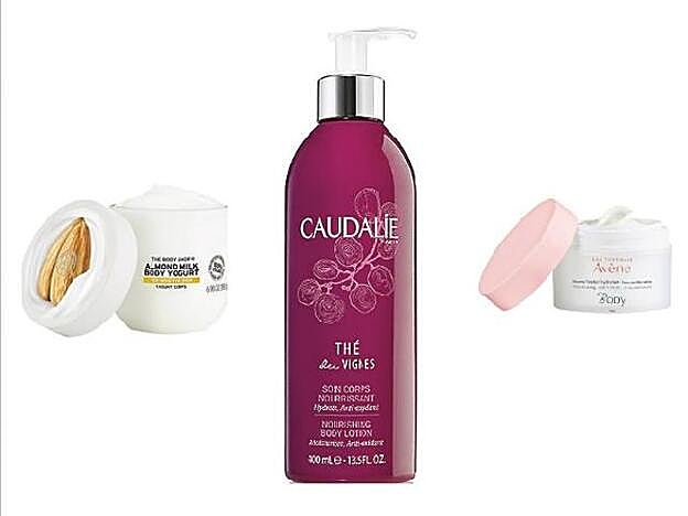 Body Yogurt Leche de Almendras de The Body Shop (10 €). Thé des Vignes Tratamiento Corporal Nutritivo de Caudalie (25,20 €). Avène Body Bálsamo Fundente de Avène (18,50 €).