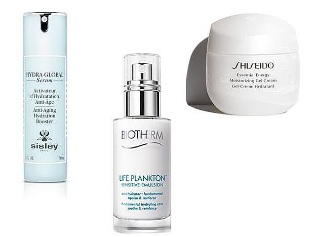 Hydra-Global Sérum de Sisley (199,50 €). Life Plankton Sensitive Emulsion de Biotherm (c.p.v.). Essential Energy Gel Cream de Shiseido (73 €).