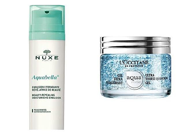 Aquabella Emulsión Hidratante Reveladora de Belleza de Nuxe (24,90 €). Gel Ultra Hidratante Aqua Reotier de L’Occitane (28 €).