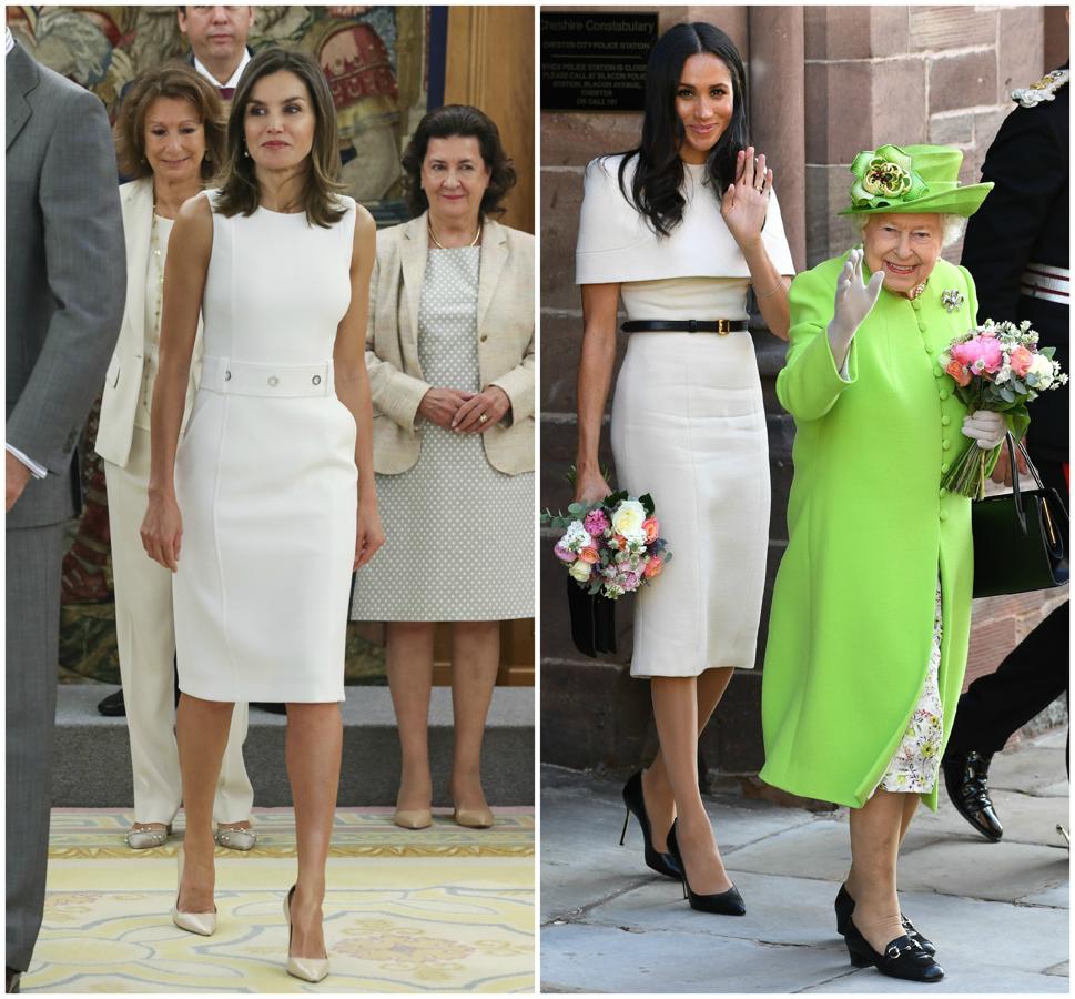 Aunque preferimos el Givenchy con detalle de capelina de Meghan Markle, frente al minimalismo del LWD de Hugo Boss de Letizia.