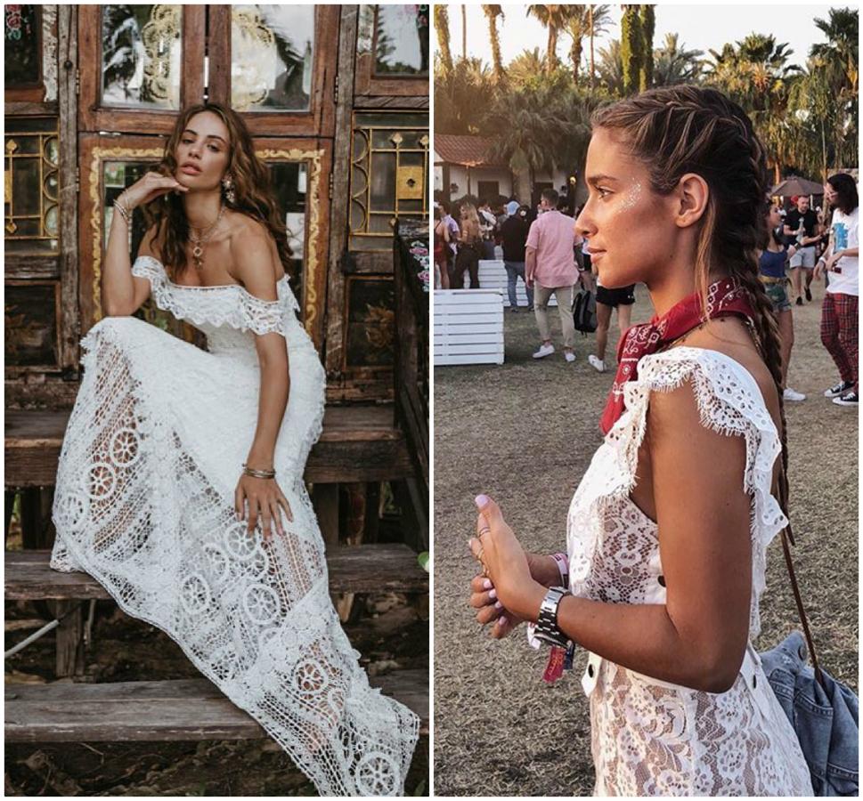María Pombo ha demostrado su espíritu boho en un sinfín de fotos en su cuenta de Instagram, como esta del Festival de Coachella. Por eso, nos la podemos imaginar con un vetsido romántico y bohemio en encaje como este de la firma Rue de Seine Bridal.
