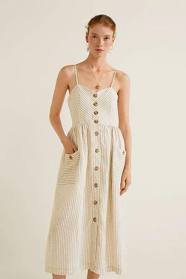 Vestido lino bolsillos en color beige, 39,99 euros.