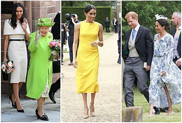 De izquierda a derecha: Meghan Markle (de Givenchy) junto a la reina Isabel II. Luego con un vestido de Brandon Maxwell y junto Harry, con una pieza de Oscar de la Renta.