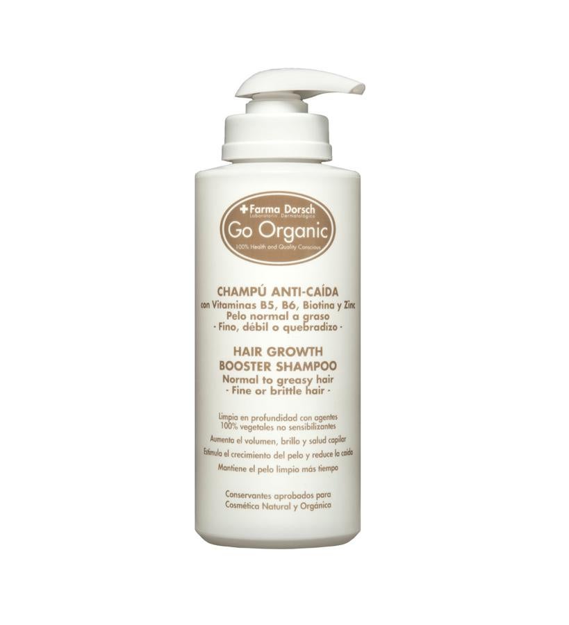 Contiene vitaminas B5, B6, biotina y zinc para tratar al caída, el afinamiento, la falta de brillo, la perdida de densidad y el volumen. Perfecto para cabello normal a graso, fino, débil o quebradizo.  Champú Go Organic Anti-caída de Fridda Dorsch  (43 €).