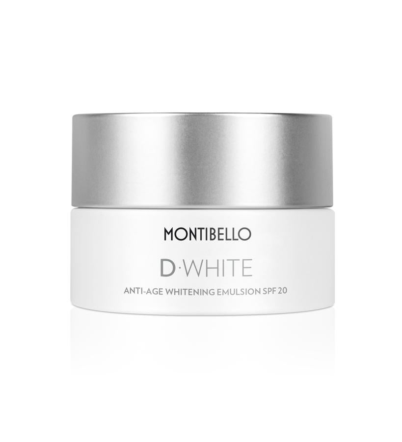 Elimina progresivamente el exceso de melanina, minimizando las manchas de la piel y evitando su aparición futura. Su sistema de protección solar de amplio espectro garantiza una protección más efectiva frente a la luz UV. Para pieles mixtas o grasas.  Anti-Age Whitening Emulsion D-White de Montibello  (50,65 €).