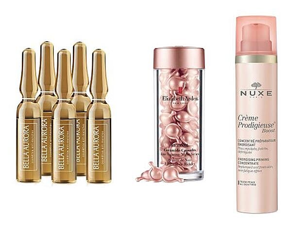 Splendor Booster Vitamina C + Ácido Hialurónico de Bella Aurora (c.p.v.). / Retinol Ceramide Capsule Line Erasing Night Sérum de Elizabeth Arden (110 €). / Créme Prodigieuse Boost Concentrado Reparador Energizante de Nuxe (30,50 €).