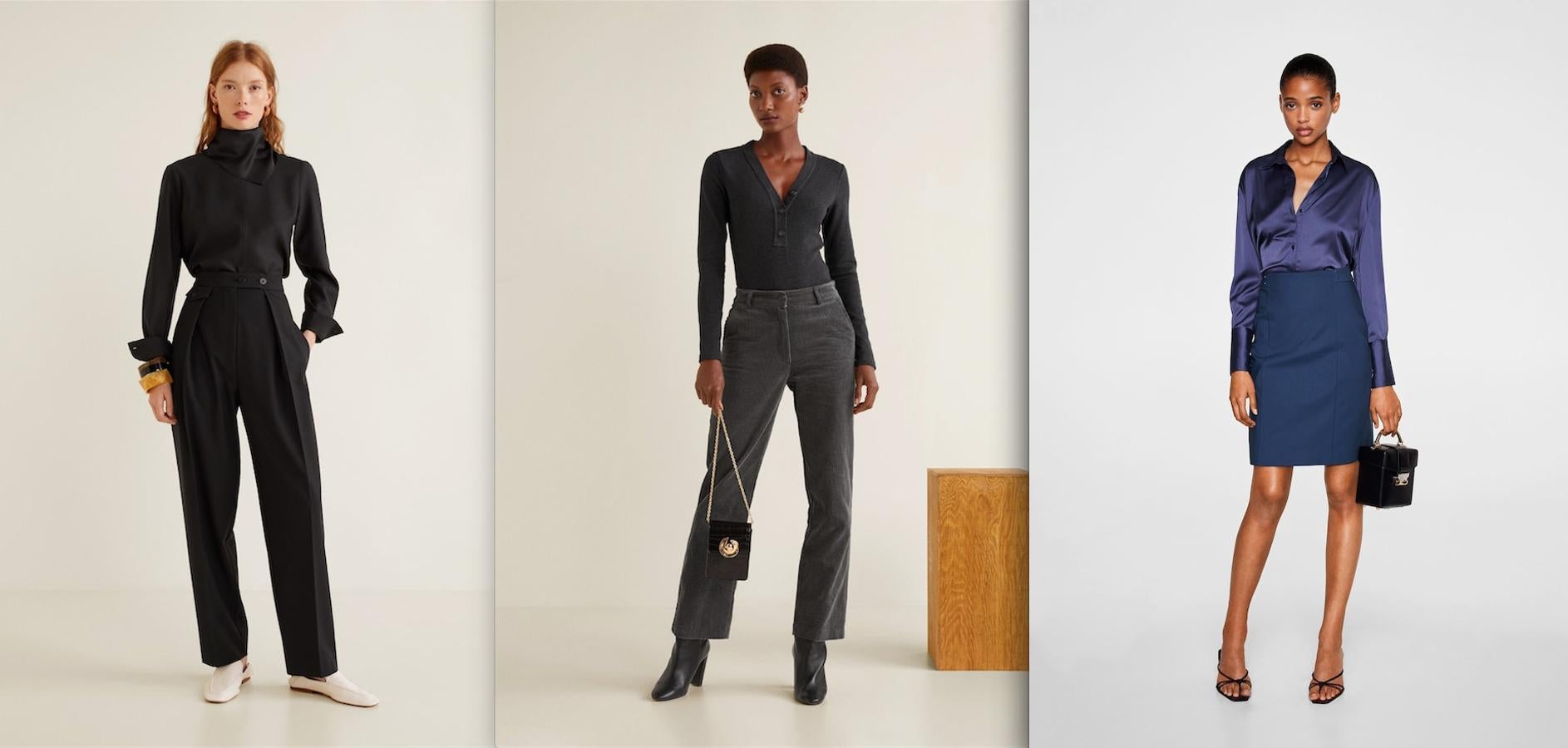 Mango también ha empezado a ensayar esta herramienta del monocolor en  looks perfectos para la oficina , como el pantalón azul marino de pinzas (39,99 euros) y la blusa del mismo color con lazo al cuello (29,99 euros). La misma gama de grises coordina una camiseta con botones color antracita (19,99 euros) y los pantalones de pana (39,99 euros). En dos tonos de azules se mezclan una falda lápiz (19,99 euros) y una camisa fluida (29,99 euros).