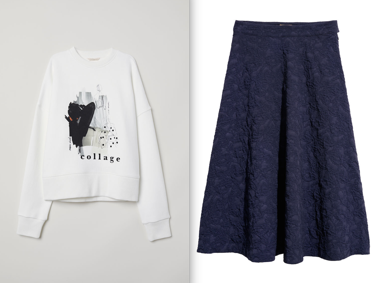 En H&M encontramos una falda en tejido grueso de jacquard azul profundo (44,99 euros) fantástica, ideal para combinar con esa sudadera oversize blanca, con una ilustración tipo collage (39,99 euros).