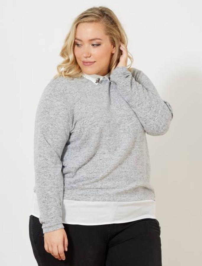 Jersey efecto 2 en 1 con cuello camisero, 18 euros.