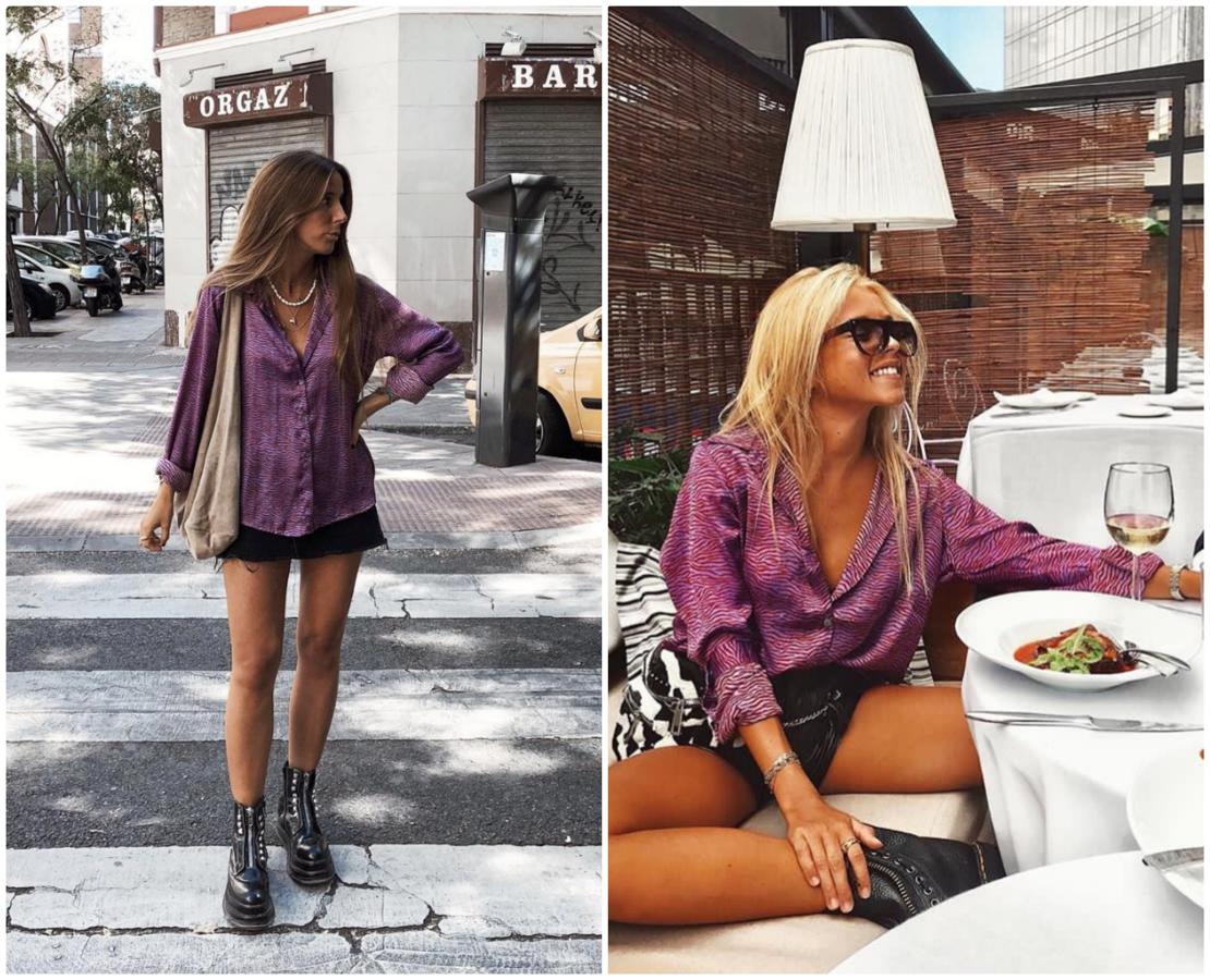 Elisa Serrano y Andrea Velver, por su parte, prefieren la versión en morado, como María Pombo, y ambas la combinan de una forma muy similar: con mini falda o shorts en denim negro, y botas de inspiración militar.