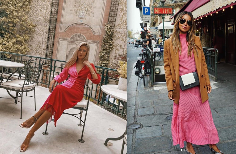 Nos encanta el vestido rosa y rojo con el que posa  Teresa Andrés Gonzalvo : se trata de un diseño de Mioh que aún puedes encontrar en su tienda online (196 euros). Y  Julie Sariñana  acierta de pleno al combinar el rosa de este vestido de Ganni (479 euros) con una chaqueta marrón: el contraste no puede ser más sofisticado. Podemos sumarnos a la fiebre del rosa con opciones un poco más accesibles, aunque ya casi agotándose en nuestras tiendas favoritas.