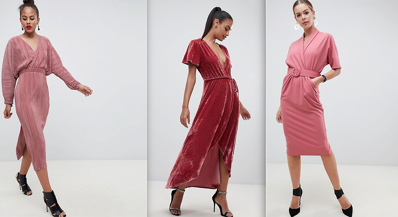 En Asos encontramos otros tres diseños que, aunque recurren a un rosa más bien empolvado, logran superar el peligro de cargar las tintas en el romanticismo o el tono ñoño que a veces conlleva este color. Son  tres vestidos midi : uno plisado y con mangas estilo ala de murciélago (Asos Design, 41,99 euros), otro de terciopelo (PrettyLittleThing, 34,99 euros) y el último estilo esmoquin con cinturón (Asos Design, 57,99 euros).