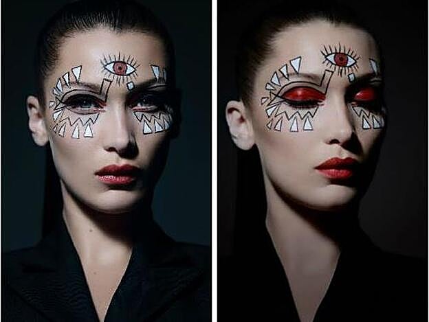 Segundo maquillaje de Peter Philips en el rostro de Bella Hadid.