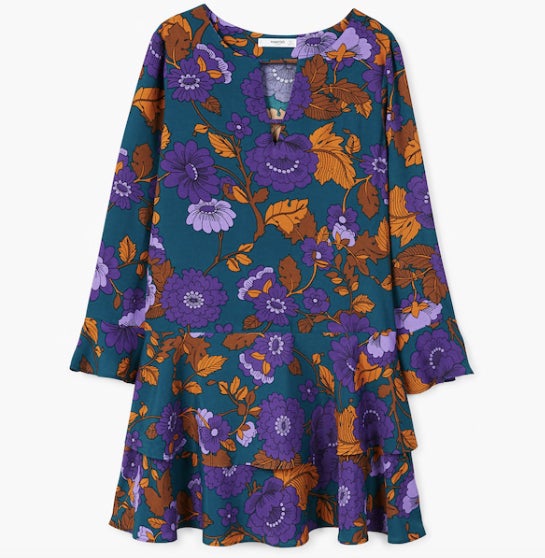 Vestido con estampado y volantes de Mango Outlet: 15,99 euros.