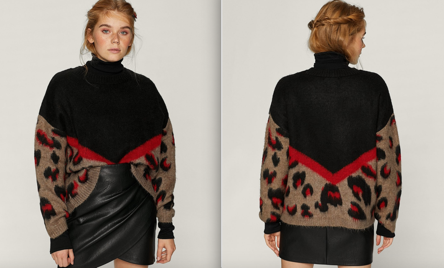 Puede que este sea el jersey de leopardo más bonito de lo que llevamos de temporada. Es increíble que una firma low cost como Stradivarius tenga el diseño en punto más apetecible de la tendencia. La combinación del estampado salvaje, el rojo y el negro es total (25,99 euros)-
