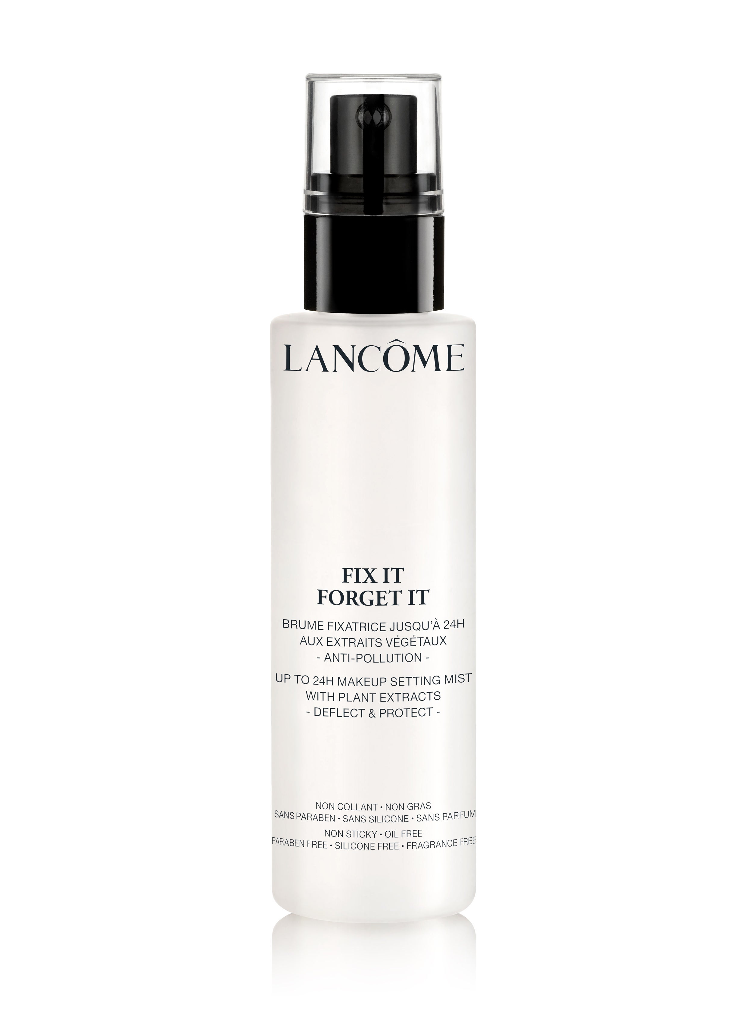 Spray Fijador Fix It Forget It Setting Mist de Lancome, fijador de maquillaje con las propiedades anti-polución de la vitamina C y de la moringa. (34 €).