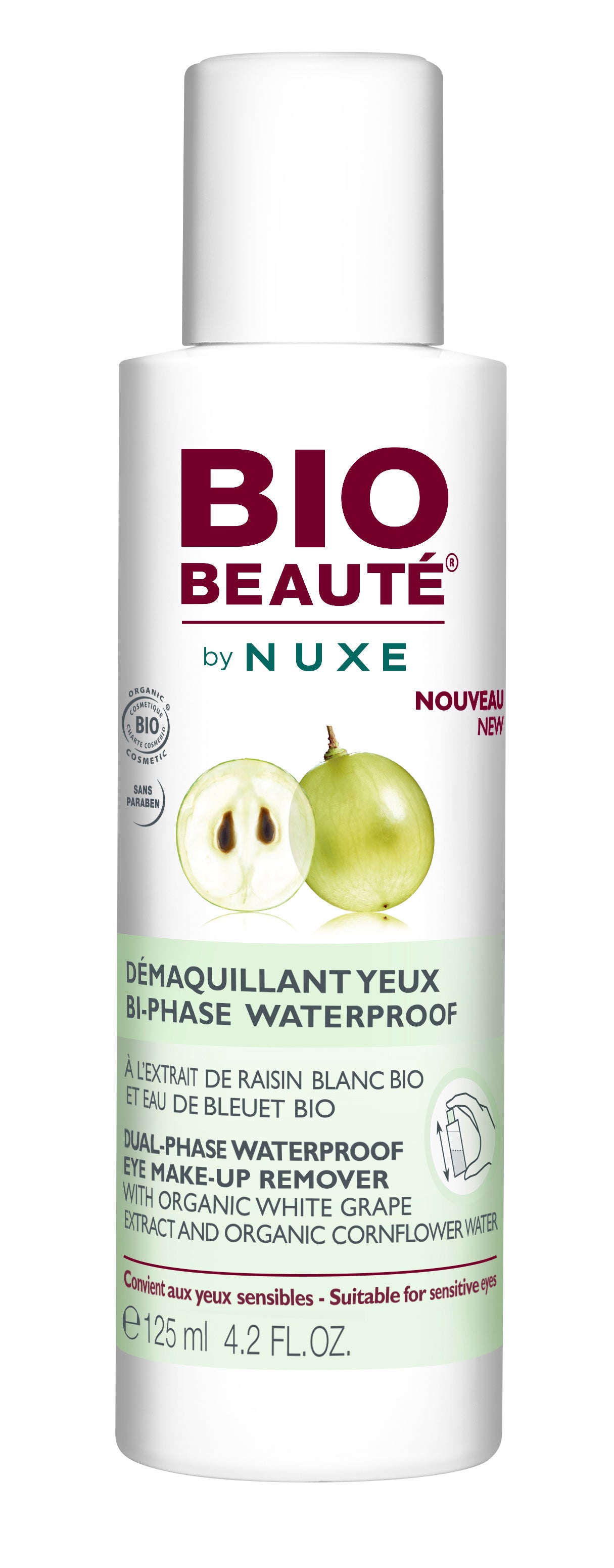 Desmaquillante de Ojos Bifásico Waterproof bio con extracto de uva blanca y extracto de semillas de moringa Bio Beauté de Nuxe (12,50 €).