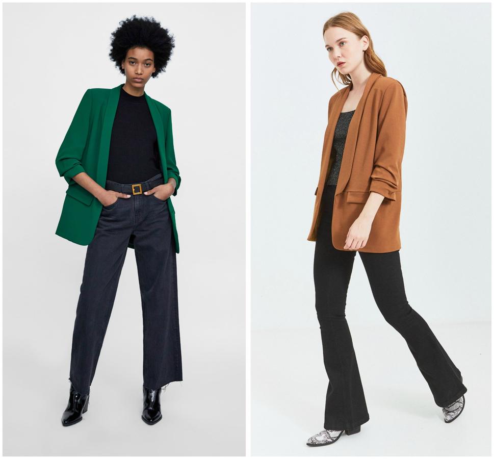 Diferente color, pero la misma silueta fluida y las mangas recogidas. La verde de la izquierda es de Zara, y cuesta 59.95 euros. La de la derecha, de Mulaya, cuesta 17.99 euros.