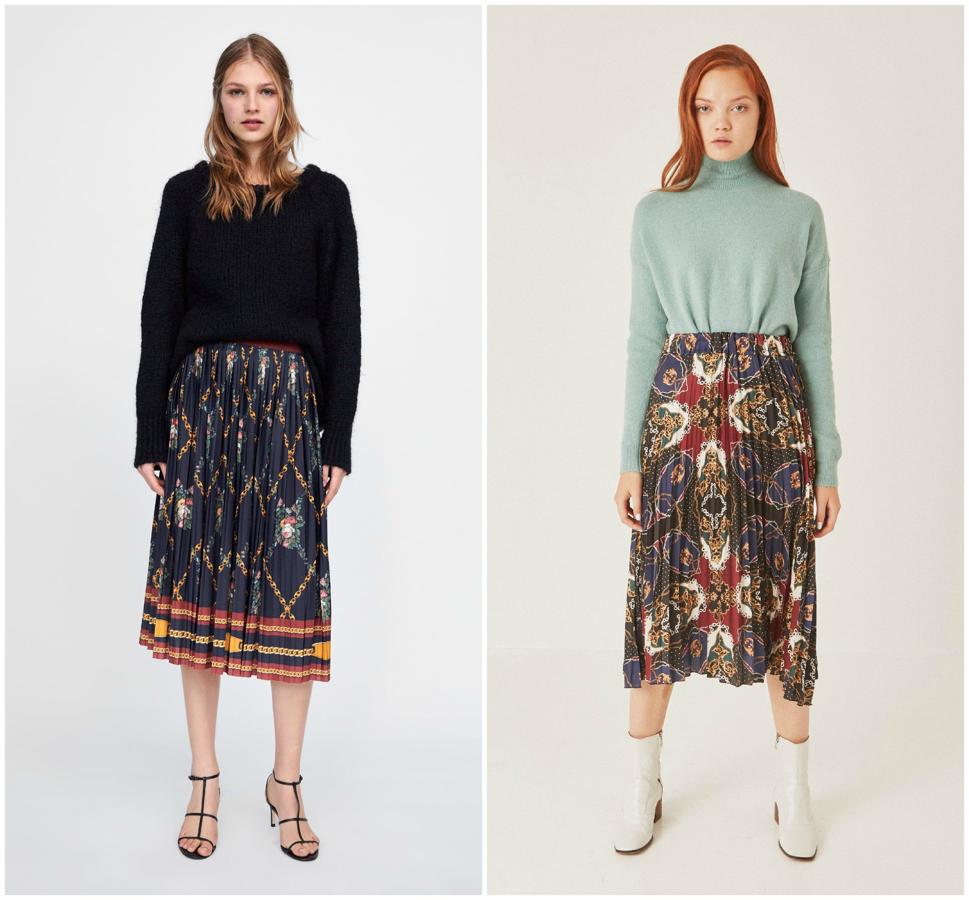 Otro ejemplo clonero, esta vez con una falda plisada con estampado pañuelo. A la izquierda, el diseño de Zara, que cuesta 39.95 euros; el de la derecha, de Mulaya, 25.99 euros.