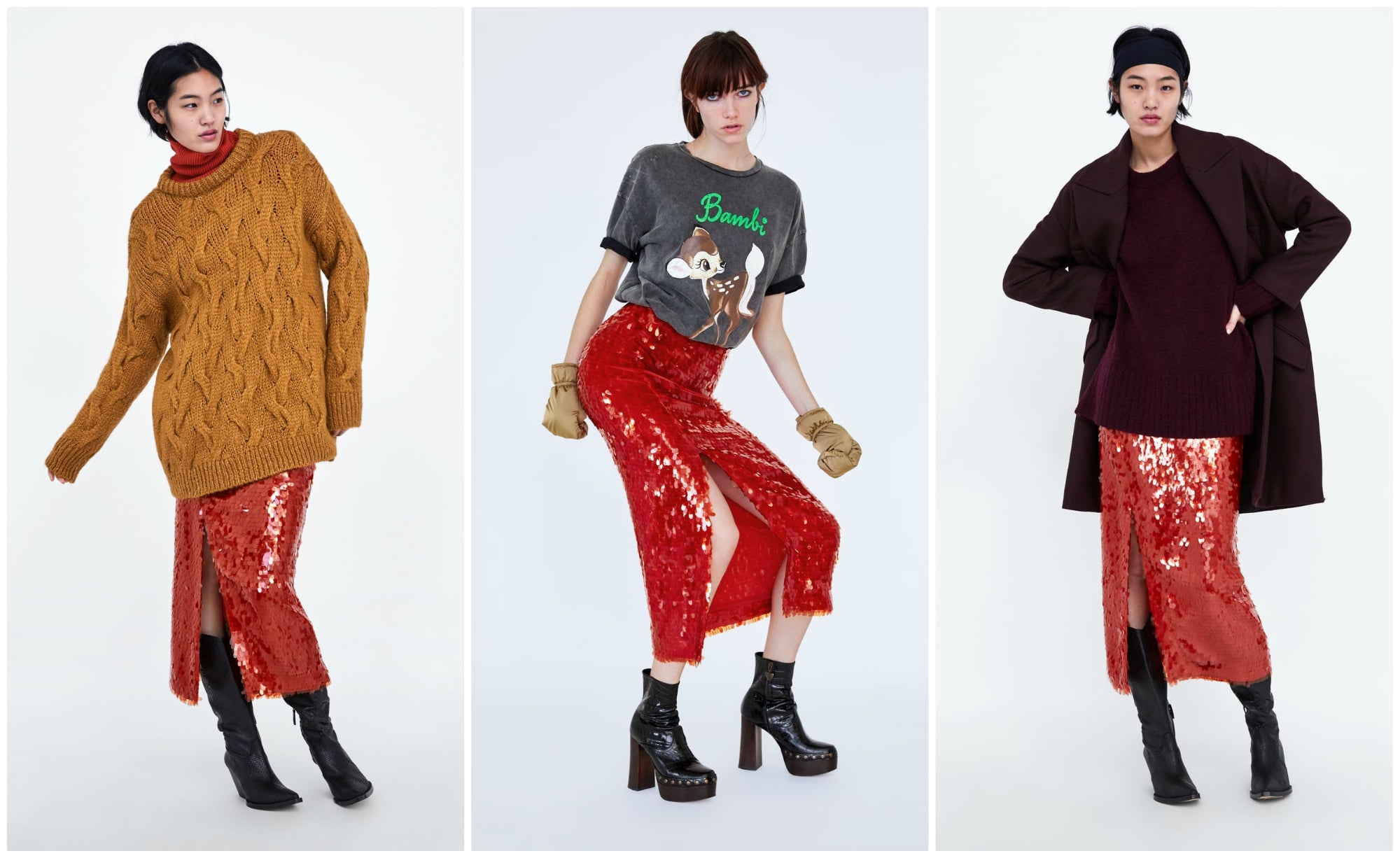 Esta falda de maxi lentejuelas roja de Zara (49.95 euros) es una de  nuestras favoritas de la colección de fiesta . Sin embargo, podrás reutilizarla después de la cena de Navidad de la empresa ¡hasta para ir a la oficina! Nos encanta cómo queda con el jersey oversize de ochos (39.95 euros), con la camiseta de Disney (15.95 euros) para un look más informal, y con este jersey 'special price' de 15.95 euros.