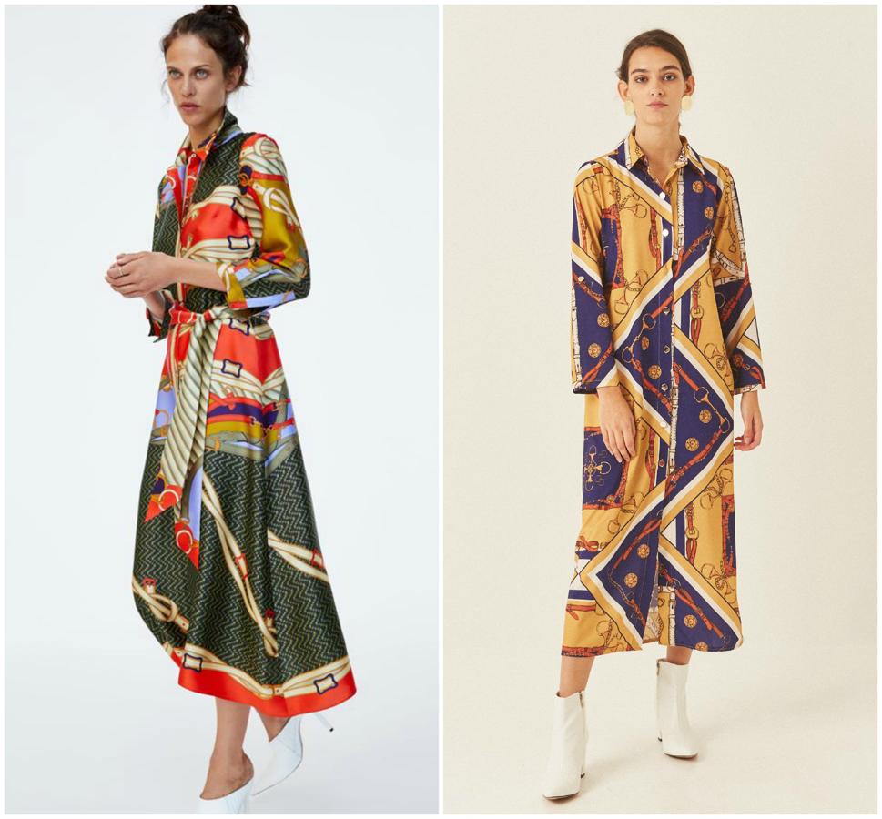 El  vestido camisero de cadenas de Zara , a la izquierda, ha sido uno de los más vendidos de la temporada, aunque su precio era de 49.95 euros. A la derecha, la versión de Mulaya, que cuesta 22.99 euros.