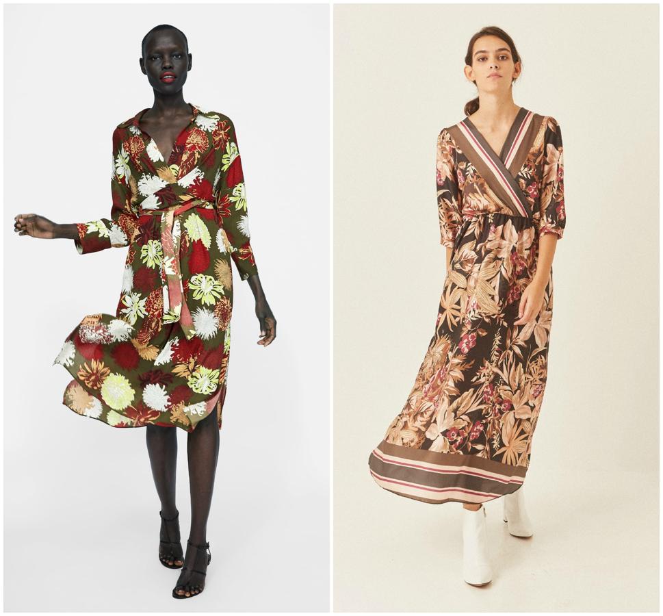El vestido midi con estampado floral de la izquierda es de Zara, y su precio es 39.95 euros. El de la izquierda, de Mulaya, cuesta 25.99 euros.