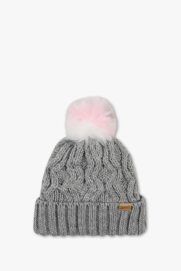 Gorro de lana en color gris con pompon de pelo en color rosa: 8 euros en C&A