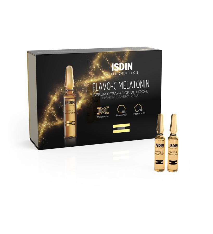 El poder antioxidante del bakuchiol se une a la vitamina C en el sérum reparador de noche en ampollas Flavo-C Melatonin de Isdin (49,95 €).