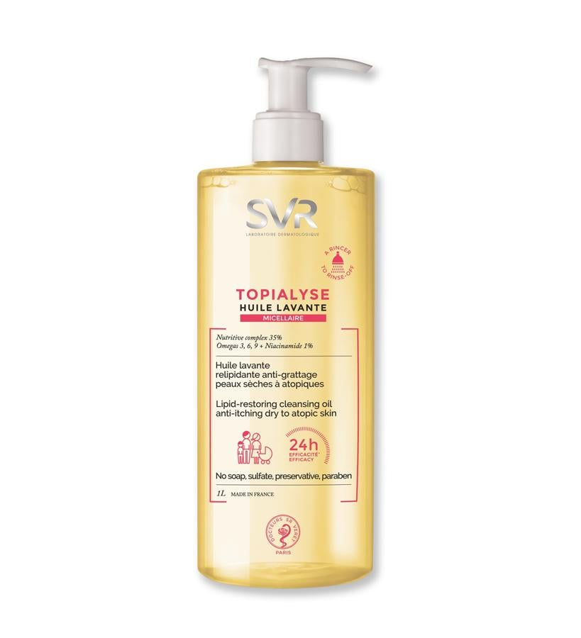 Contiene la más alta concentración de niacimida, que es un principio activo antiinflamatorio que tienen una acción calmante. Además, estimula la síntesis de ceramidas, contribuyendo así a consolidar el efecto de barrera, manteniendo la hidratación durante 24 horas. Es apto para toda la familia.  Huile-Micellaire de Topialyse de SVR  (19,90 €).
