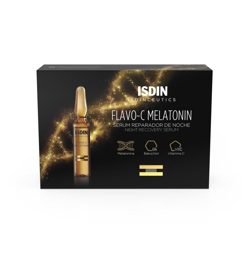Estas ampollas son el primer sérum nocturno formulado con melatonina tópica, que repara y prepara la piel frente al daño producido durante el día por el estrés oxidativo. Su textura serum-in-oil, que tiene una absorción gradual, lo que facilita aplicar el producto con un masaje, es perfecta para la noche.  Indisceutics Flavo C Melatonin de Isdin  (49,95/ 30 ampollas).
