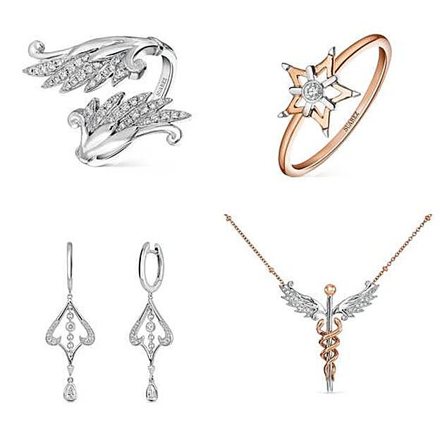 Anillo alado (1.590 euros) y anillo estrella (490 euros). Pendiente de oro y brillantes (1.690 euros) .Colgante de oro amarillo, oro blanco y brillantes (990 euros).